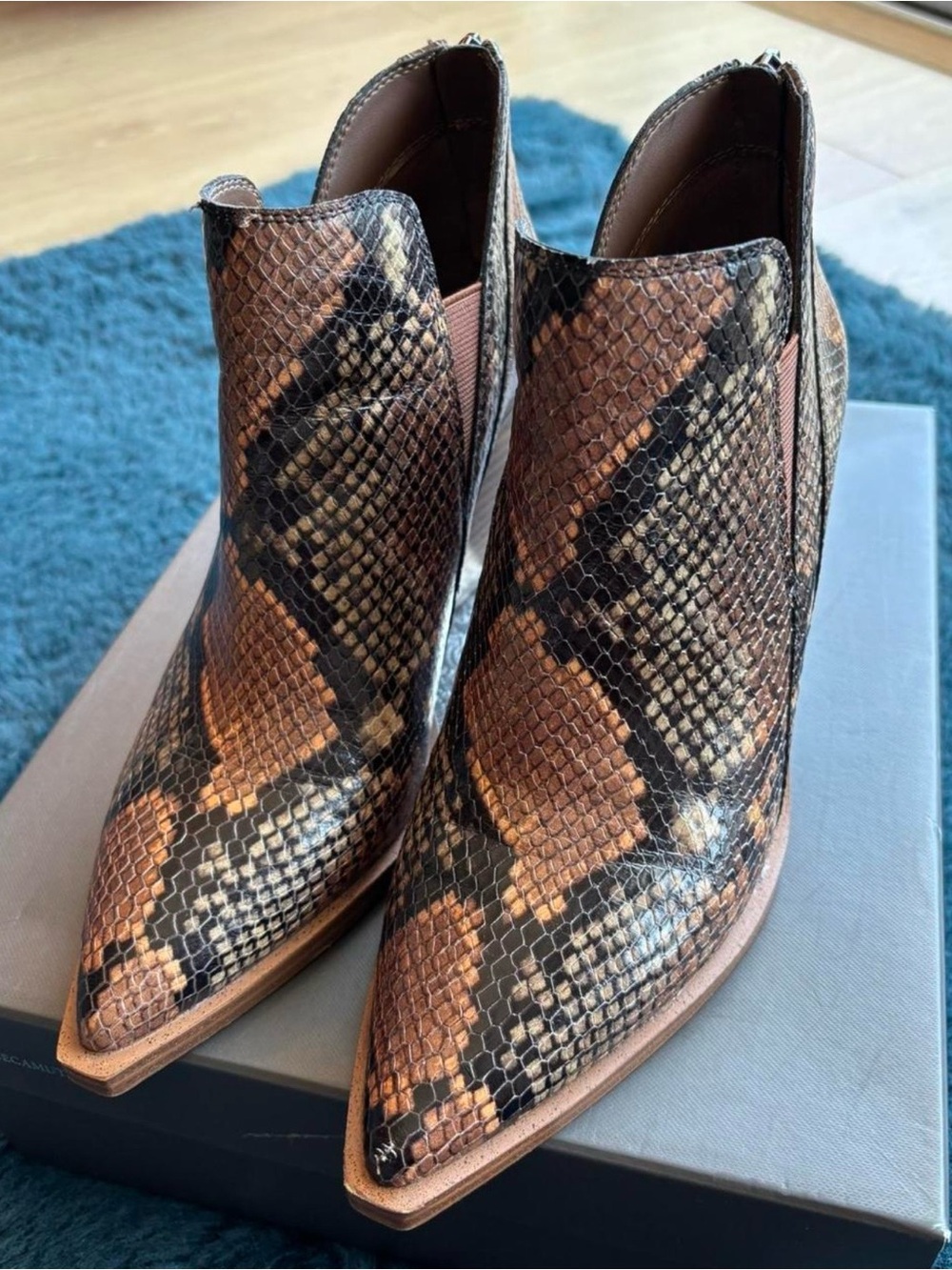 Vince Camuto Brown Snake-Print Pointed Toe Ankle Booties